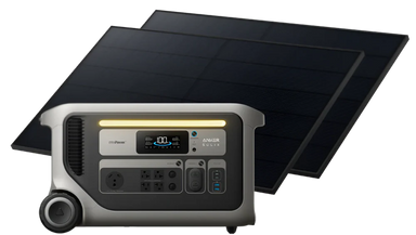The Anker portable power station, featuring a digital display, multiple outlets, and wheels, is shown in front of two large solar panels—making it an ideal solar generator for home emergency preparedness.