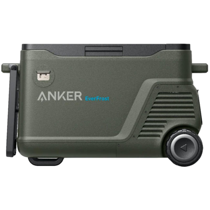 The Anker EverFrost is a transportable cooler with wheels and a handle, available in dark green. In addition to its mobility, it stands out as a smart option by incorporating a USB port for charging during travel. This battery-operated cooler keeps your drinks cool no matter where you are.