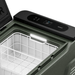 When opened, the Anker EverFrost reveals its illuminated storage area with a ready-to-use wire basket. The digital display and control buttons on the lid complement the sleek design of this battery-powered cooler, which is angled to highlight its efficient portability.