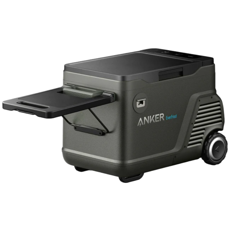 The ANKER EverFrost is a battery-powered cooler in dark gray, featuring wheels and a convenient pull-out tray on one side.