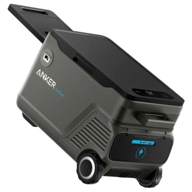 An Anker EverFrost portable power station in gray and black, featuring wheels and a retractable handle. The "Anker" logo is clearly displayed on the side. It includes various ports and controls on the front panel, making it ideal for outdoor or mobile use while effortlessly doubling as a battery-powered cooler.