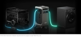 A generator connects to the Anker SOLIX F3800 Plus Portable Power Station, powering a washing machine. Bright teal and green cables show the current flow against a black backdrop with a solar input disclaimer.