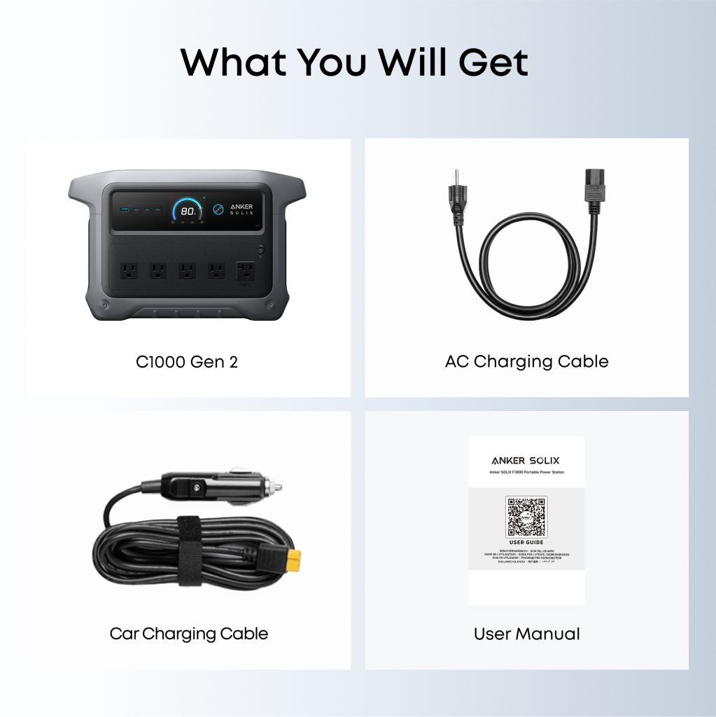 A product display shows the Anker C1000 Gen 2 device, AC charging cable, car charging cable, and user manual—each labeled and arranged separately.
