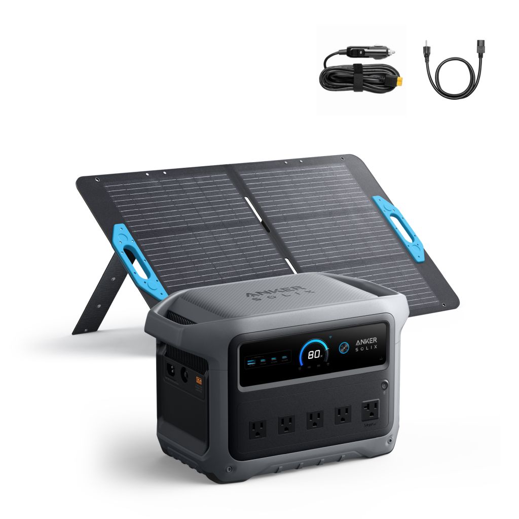 The Anker portable solar generator kit features a foldable solar panel, a power station with display and outlets, plus two charging cables, all shown separately on a white background.