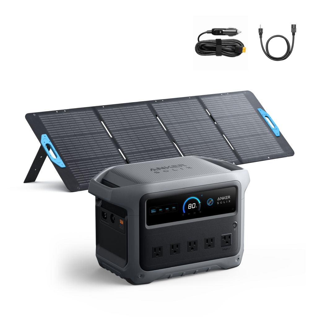 Anker's portable power station with outlets, ports, and a digital display at 80% is shown next to an unfolded Anker solar panel. Two cables are visible above the devices.