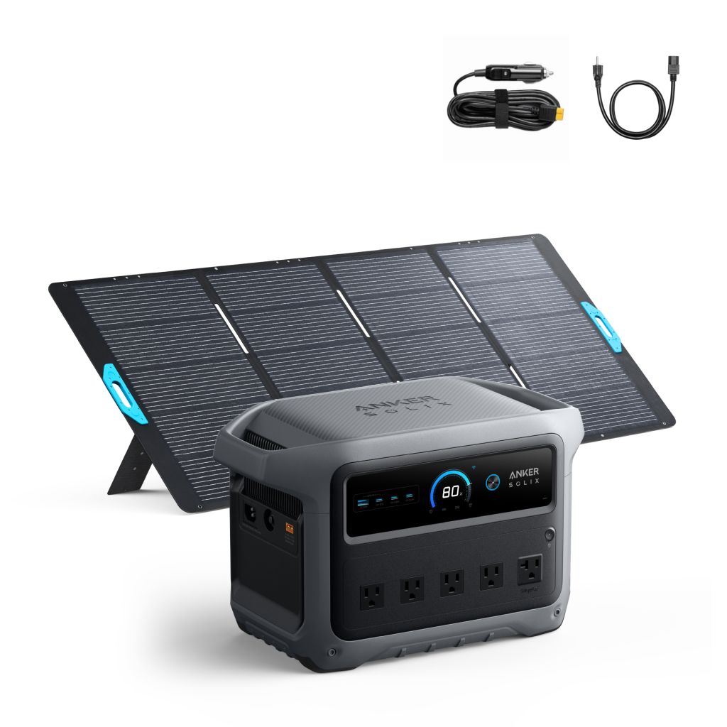The Anker portable solar generator kit includes a foldable solar panel, a power station with multiple outlets and a display screen, plus two separate power cables.
