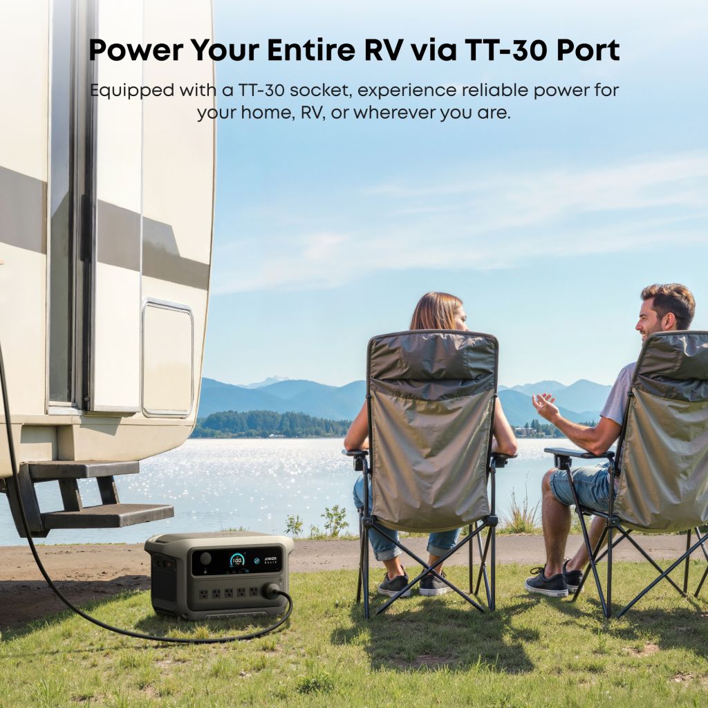 Two people relax in camping chairs by a lakeside RV, powered by an Anker 2kWh portable power station with ultra-fast recharge. Surrounded by mountains and trees under a clear sky, they enjoy reliable energy in nature's beauty.