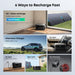 Infographic titled “6 Ways to Recharge Fast” shows ultra-fast ways to recharge your 2kWh Anker portable power station—like AC + solar and alternator charger—with images, charge times, and a standout 10-year battery lifespan.