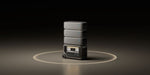 A sleek black Anker SOLIX F3000 + Expansion Battery by Anker, featuring a display and control panel, is stacked with three matching battery packs atop it on a softly lit circular platform.