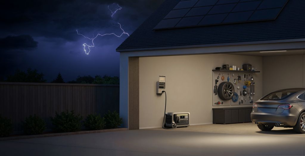 A modern garage with a car inside, neatly arranged tools on the wall, an Anker solar generator for backup power, and solar panels on the roof. Lightning flashes in a dark, cloudy sky above the fenced yard.