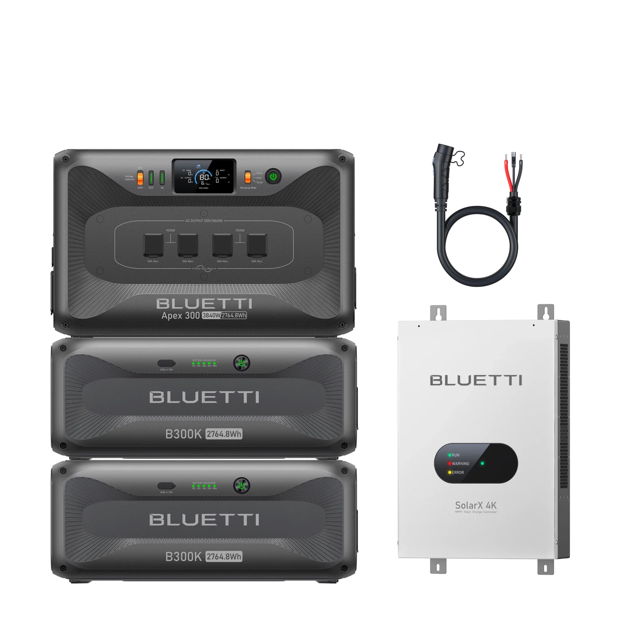 Three Bluetti power stations are stacked beside a white Bluetti SolarX 4K inverter unit and a black power cable with red and black connectors, all arranged against a plain white background.