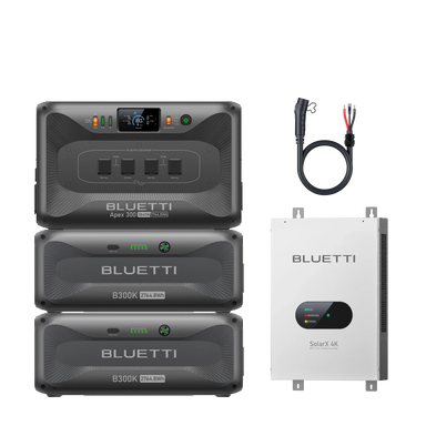 Three Bluetti power stations are stacked beside a white Bluetti SolarX 4K inverter unit and a black power cable with red and black connectors, all arranged against a plain white background.