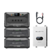 Three Bluetti power stations are stacked beside a white Bluetti SolarX 4K inverter unit and a black power cable with red and black connectors, all arranged against a plain white background.