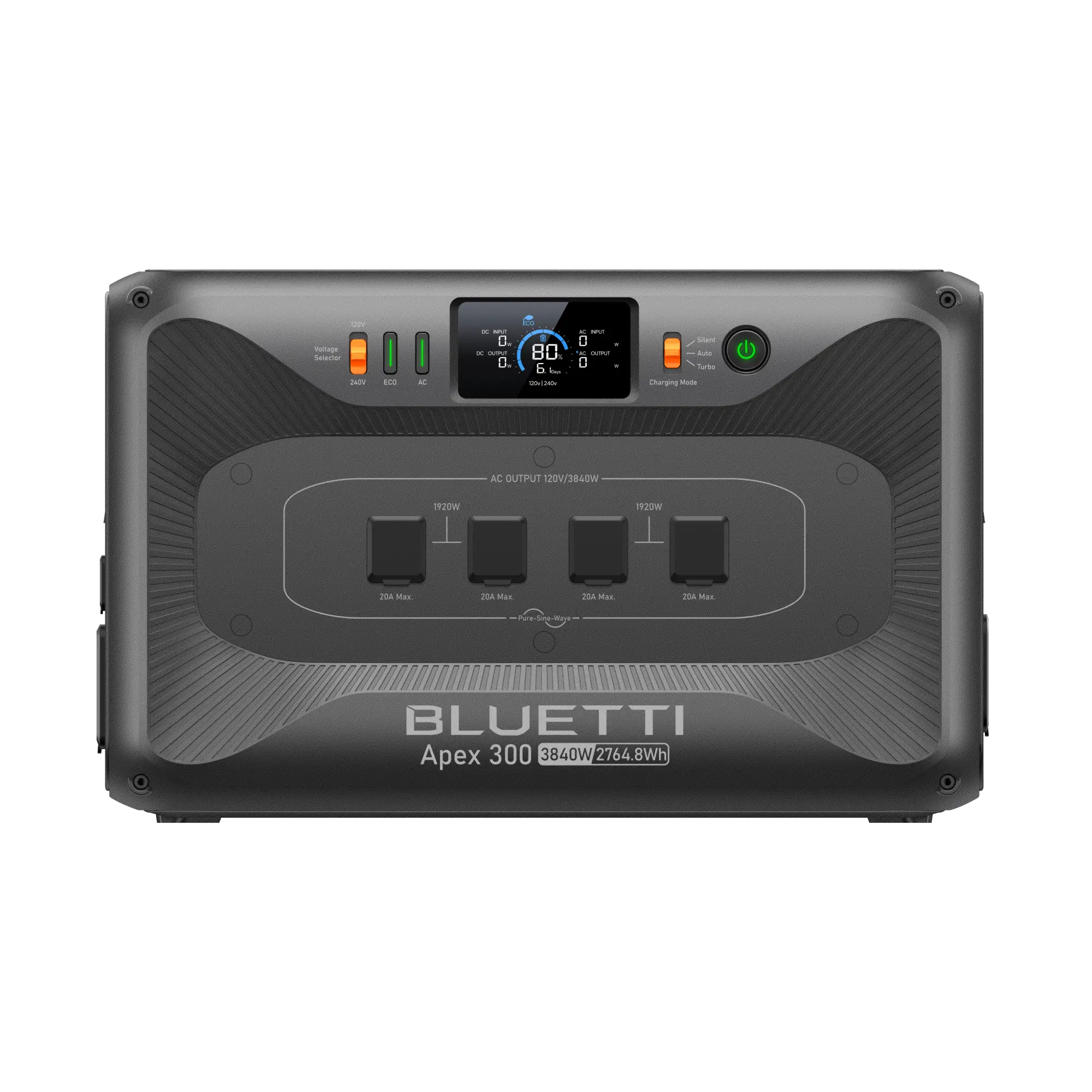 A rectangular Bluetti portable power station, model Apex 300, featuring a digital display, indicator lights, power button, and three AC output sockets on its front panel. The predominantly gray unit has clearly labeled sections.