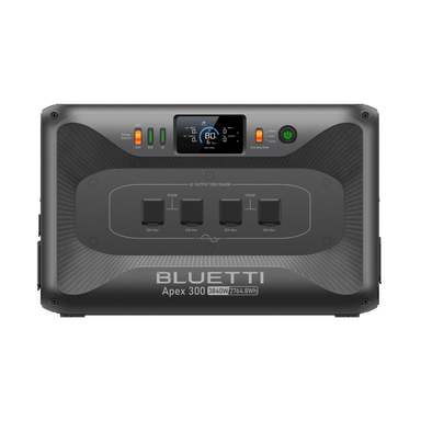 A rectangular Bluetti portable power station, model Apex 300, featuring a digital display, indicator lights, power button, and three AC output sockets on its front panel. The predominantly gray unit has clearly labeled sections.