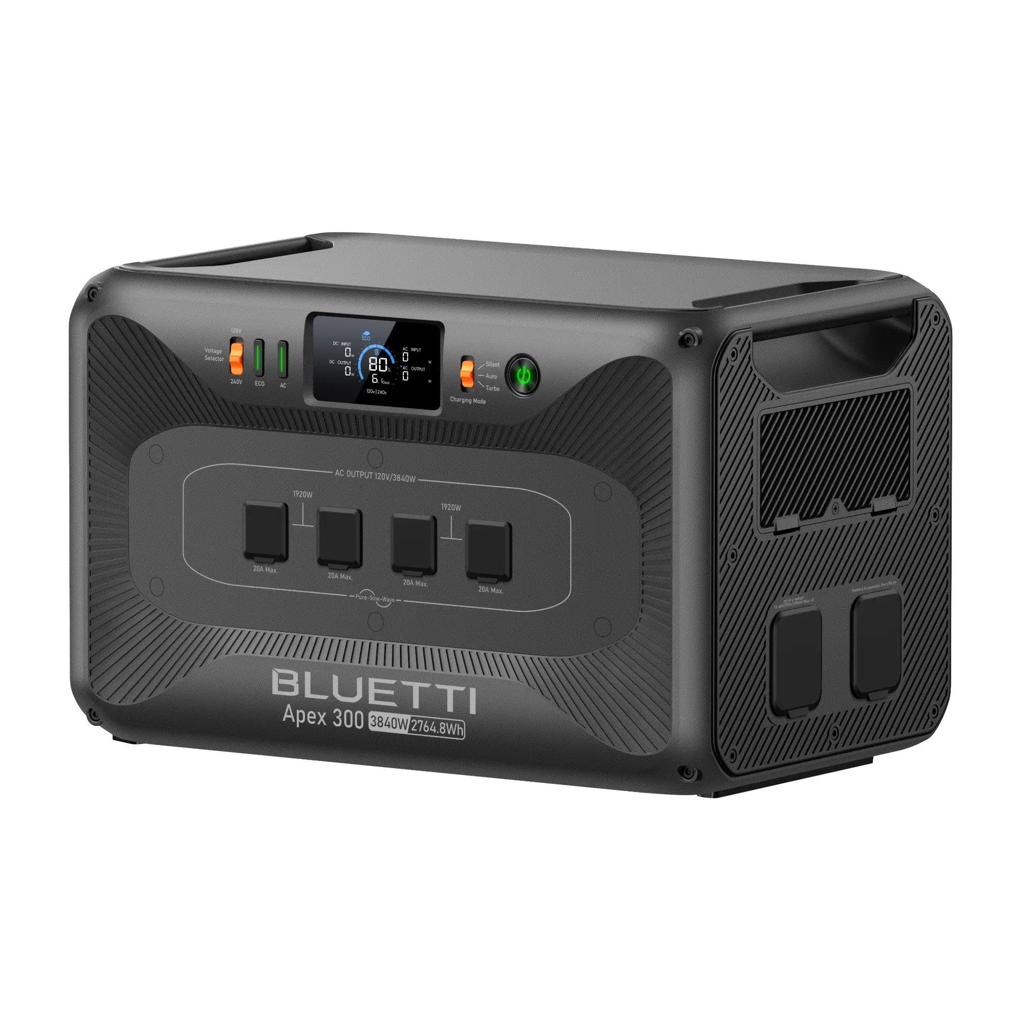 A black portable power station from Bluetti, labeled “BLUETTI Apex 300,” features multiple outlets, a digital display screen, buttons, and vents. The unit is photographed against a white background.