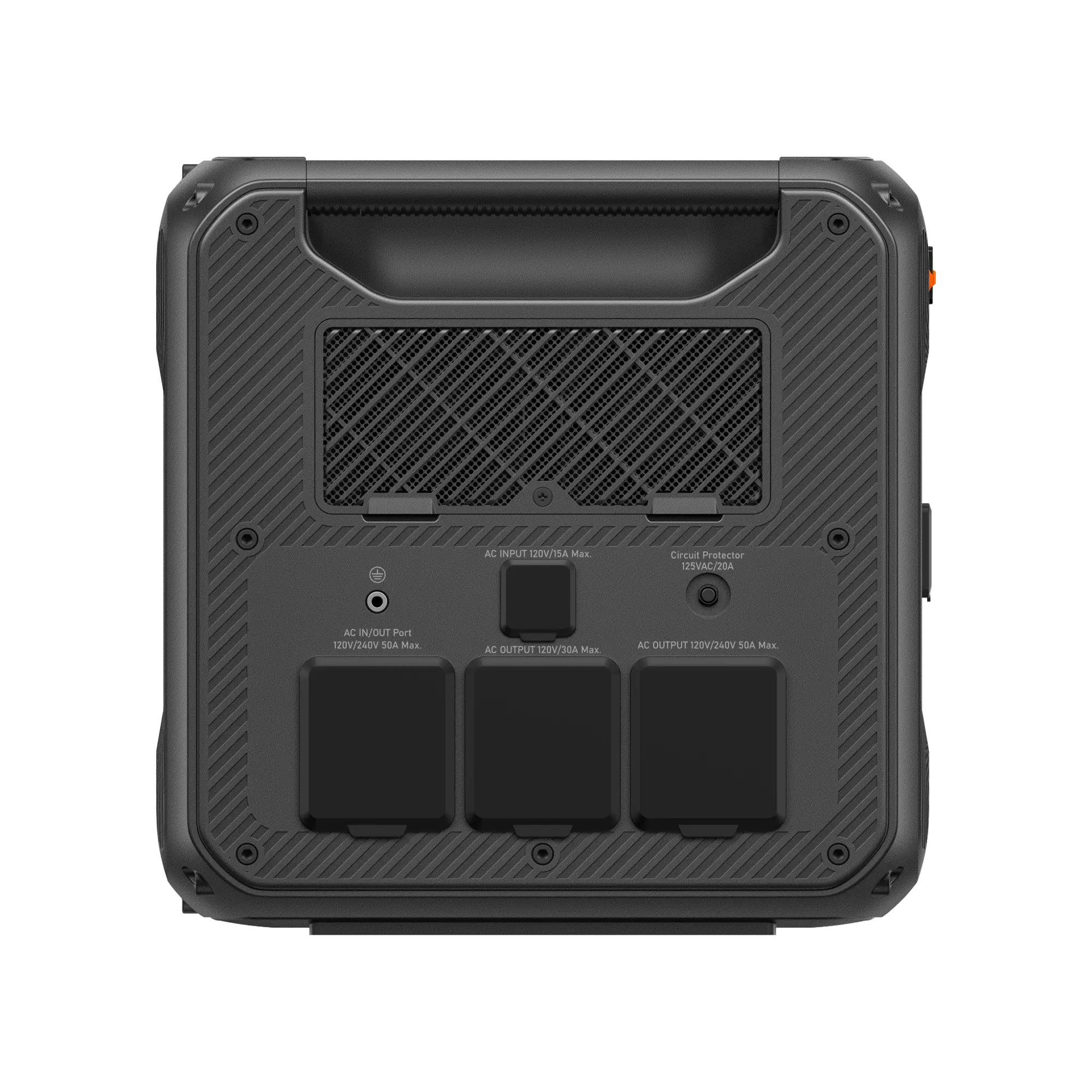 A Bluetti portable power station viewed from the back, featuring a handle on top, air vents, input/output ports, and power buttons. The dark exterior has a textured pattern.