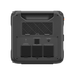 A Bluetti portable power station viewed from the back, featuring a handle on top, air vents, input/output ports, and power buttons. The dark exterior has a textured pattern.