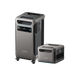 Two Anker portable power stations are displayed. The larger unit on the left, similar to the Anker SOLIX F3800 model, features a digital display and multiple ports, complete with small wheels for easy mobility. The smaller unit on the right has a more straightforward design. Both units are gray with futuristic accents and are ideal for integration with solar panels.