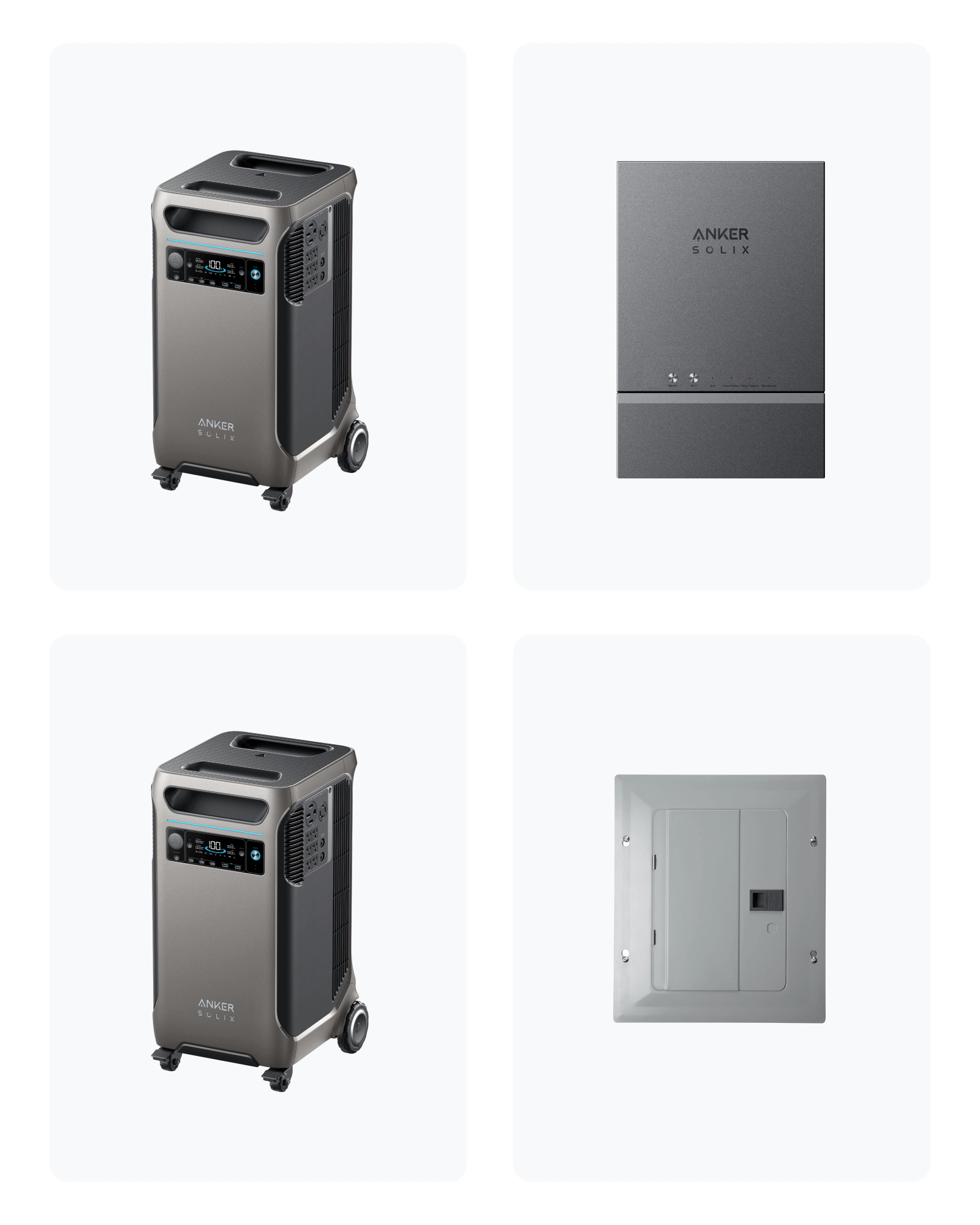 The image showcases two gray Anker SOLIX F3800 portable power stations on wheels, each equipped with digital displays, alongside an electrical panel with a closed door and handle. These power stations are perfect for a Smart Home Power Kit or as backup power solutions.