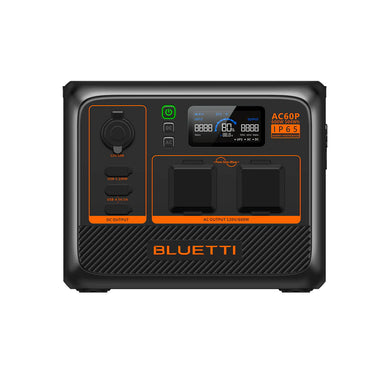 The image displays a Bluetti portable power station, model AC60P, featuring Turbo Charging, multiple output ports, and a digital front display. The black device with orange accents is labeled "IP65," emphasizing its advanced specs.