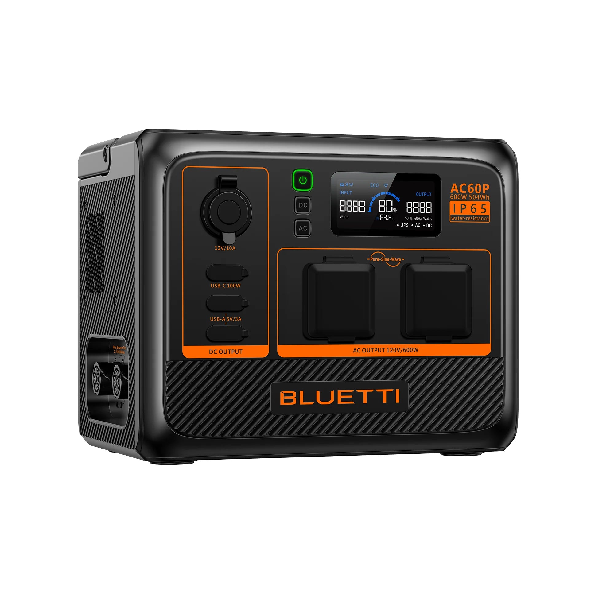 The "Bluetti" black portable power station features turbo charging, expandable capacity, multiple outlets, and a digital display showing battery percentage. Its orange accents complement the versatile front panel with buttons and diverse power output options.