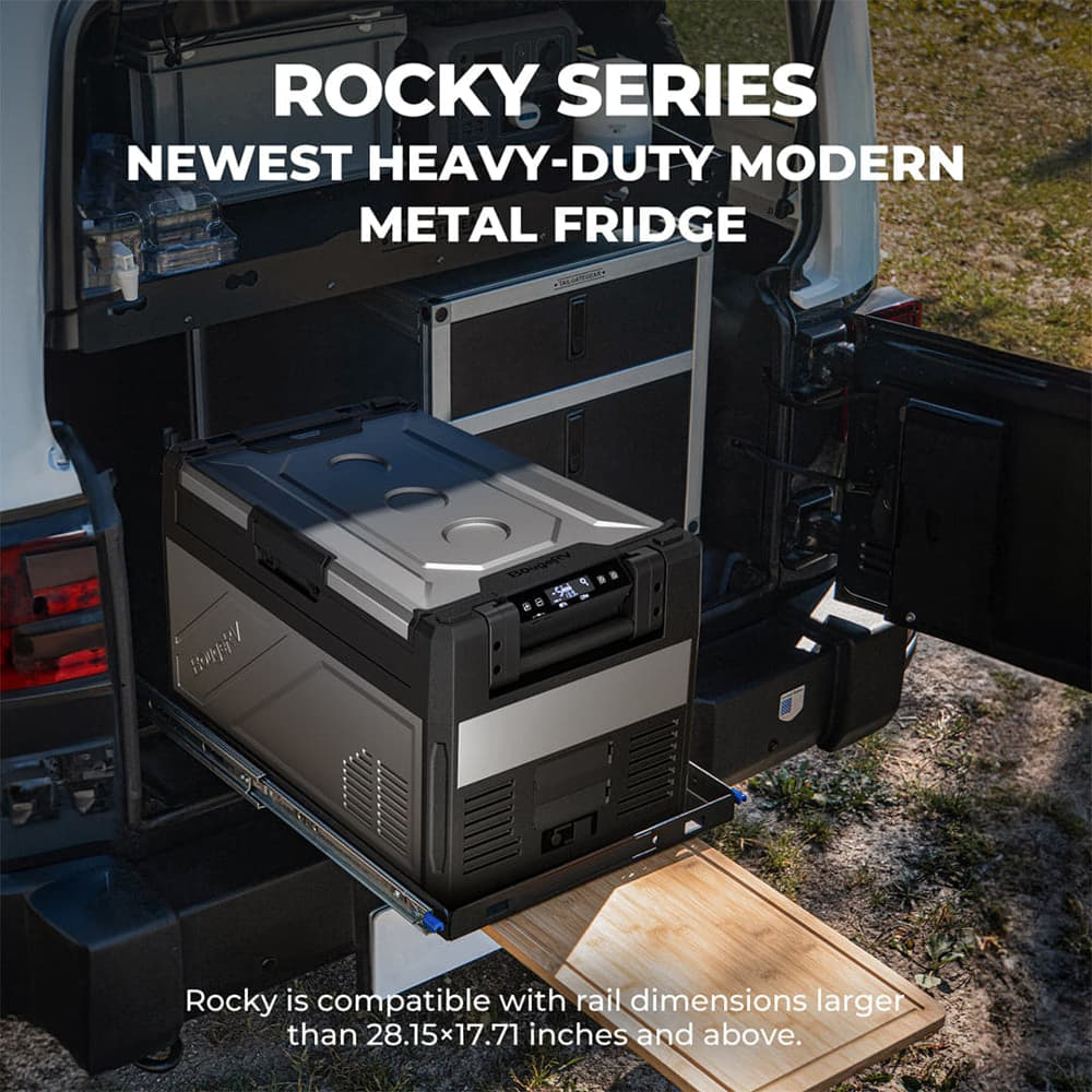 BougeRV Rocky 55QT Modern Metal Fridge is compatible with rail system