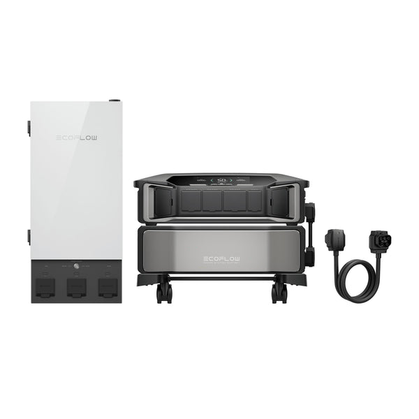 An EcoFlow DELTA Pro Ultra power system in white is displayed with three components: a tall rectangular power station on the left, stacked battery units in the center promoting a sustainable lifestyle, and a charging cable with connected plug ends on the right.