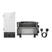 An EcoFlow DELTA Pro Ultra power system in white is displayed with three components: a tall rectangular power station on the left, stacked battery units in the center promoting a sustainable lifestyle, and a charging cable with connected plug ends on the right.