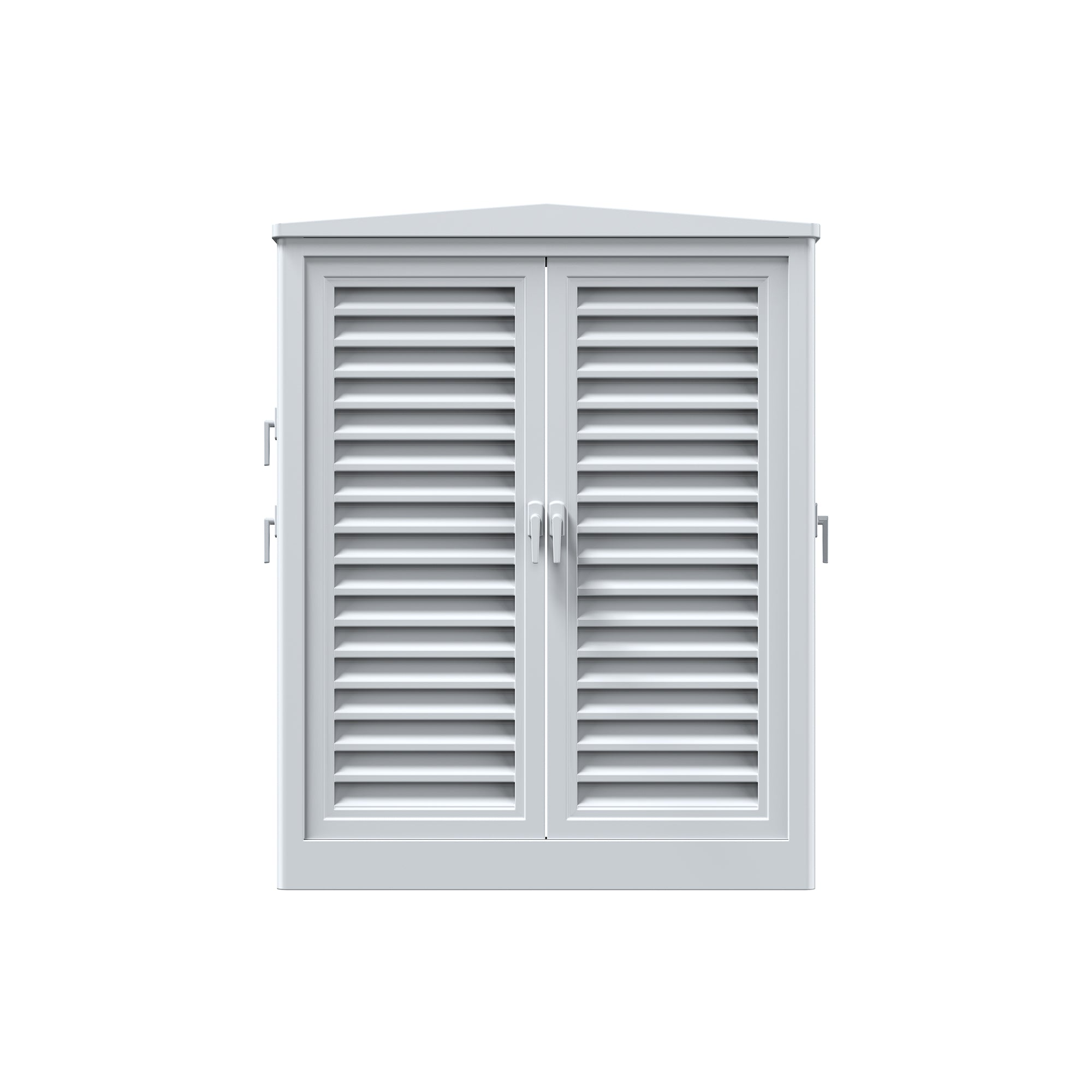 A white metal outdoor storage cabinet by Bluetti, featuring two louvered doors with vertical handles and side latches, as well as a flat, slightly sloped top. The cabinet is photographed against a plain white background.
