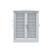 A white metal outdoor storage cabinet by Bluetti, featuring two louvered doors with vertical handles and side latches, as well as a flat, slightly sloped top. The cabinet is photographed against a plain white background.