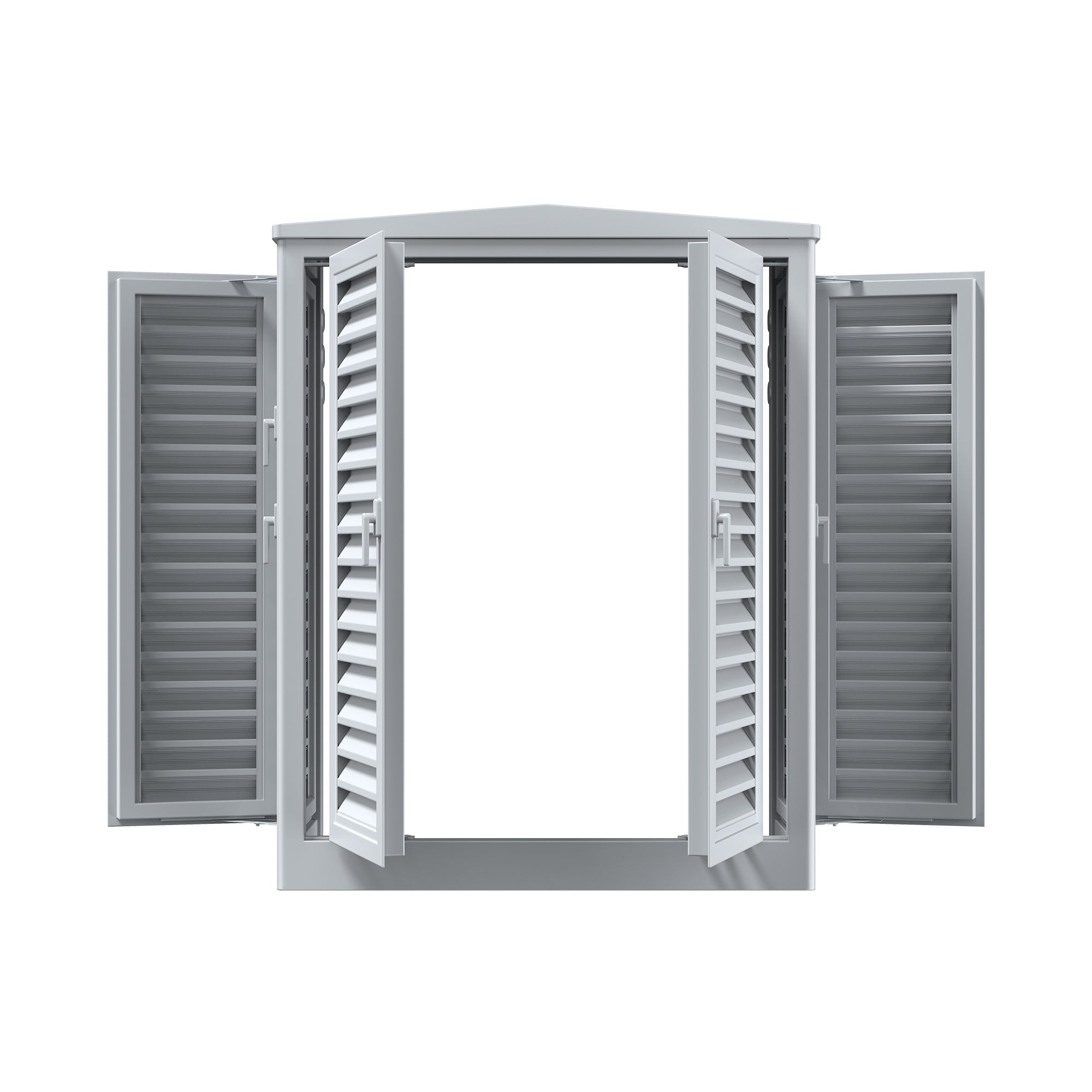 A white, four-panel bay window by Bluetti features open louvered shutters and is set against a plain, white background.