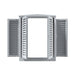 A white, four-panel bay window by Bluetti features open louvered shutters and is set against a plain, white background.