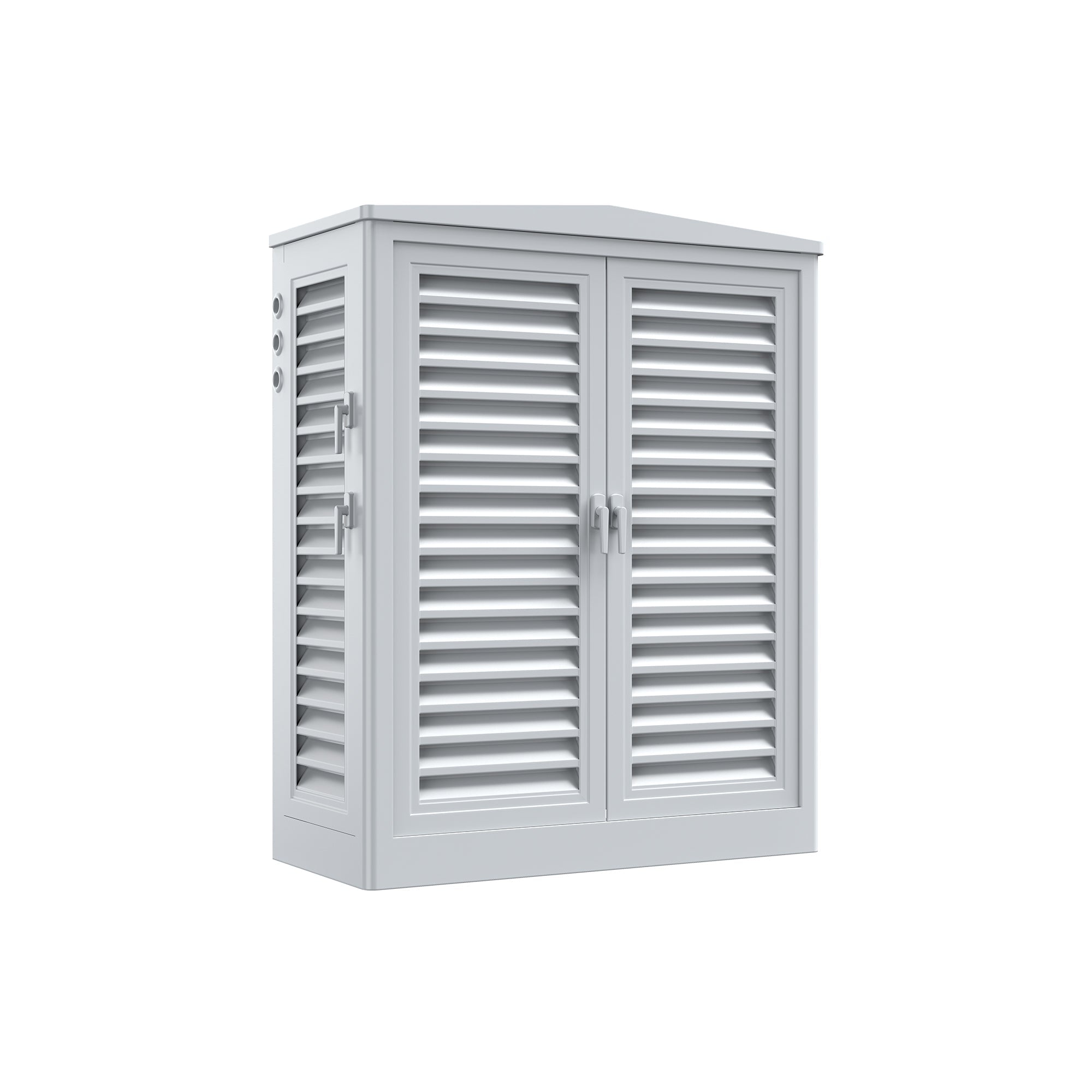 A Bluetti white metal outdoor utility cabinet featuring louvered doors and side panels, a sloped top, two front handles, and ventilation openings visible on the left side. The cabinet is set against a plain white background.