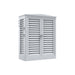 A Bluetti white metal outdoor utility cabinet featuring louvered doors and side panels, a sloped top, two front handles, and ventilation openings visible on the left side. The cabinet is set against a plain white background.