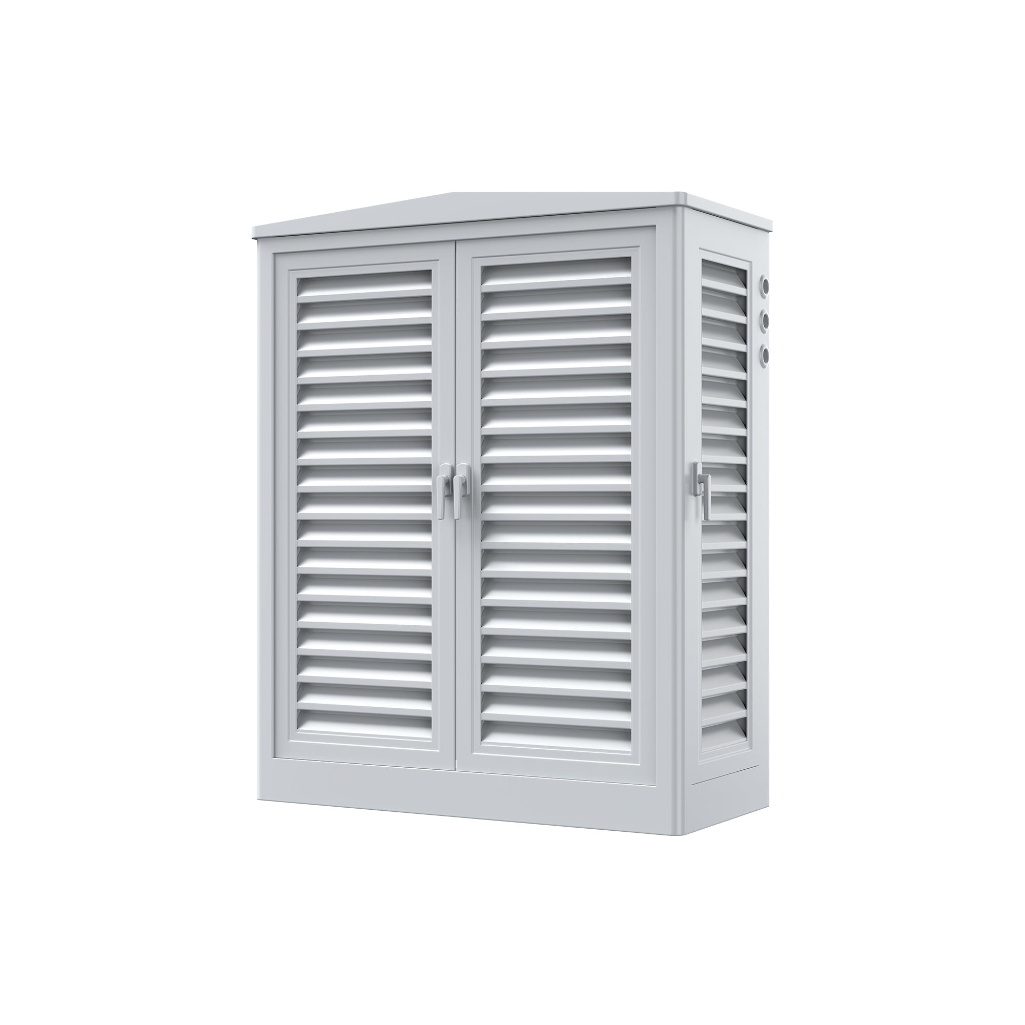 A gray, metal Bluetti outdoor cabinet with two louvered doors and side air vents is shown against a white background. The rectangular cabinet features two handles on each door.