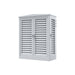 A gray, metal Bluetti outdoor cabinet with two louvered doors and side air vents is shown against a white background. The rectangular cabinet features two handles on each door.