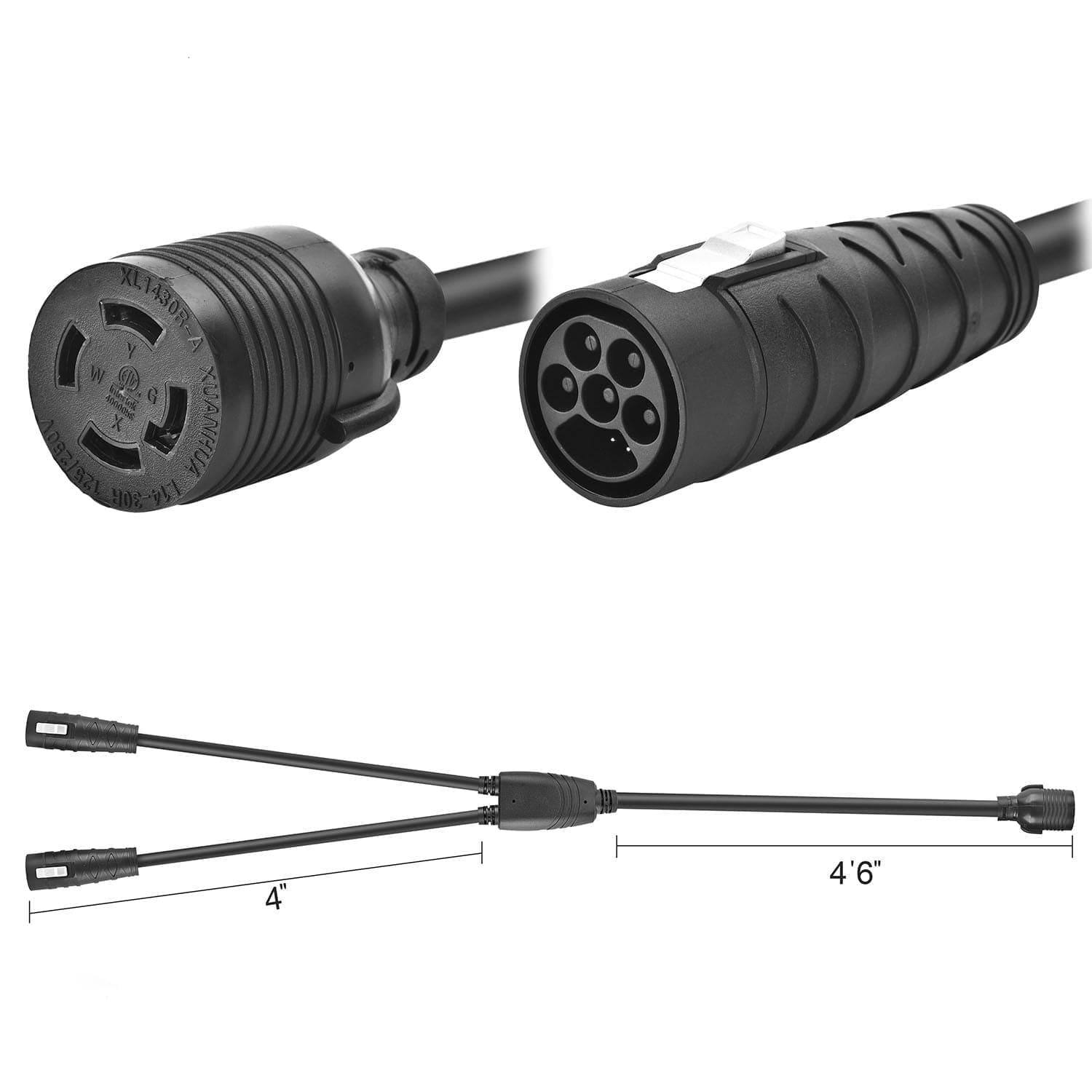 A black Y-shaped combiner cable by Nature's Generator for Lithium 3600 systems with a round socket on one end and a five-hole round plug on the other. Available in 4 ft and 4 ft 6 in lengths for easy installation.
