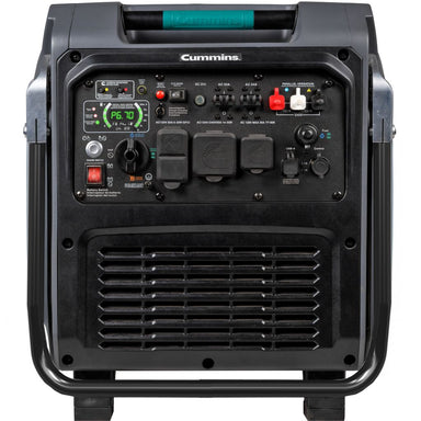 Front view of Cummins tri-fuel inverter generator featuring control panel with buttons, switches, display screen, three outlets, ventilation grilles, and top handle—perfect for reliable home backup power.