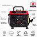 A quiet PowerSmart inverter portable generator with labeled parts: carrying handle, fuel tank, 120V AC outlet, reset button, power switch, engine switch, choke lever & recoil starter. A "2-year warranty" badge is in the top right.