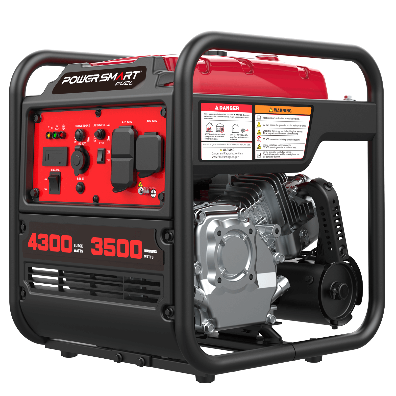 The PowerSmart 3500W portable generator features a red and black design, control panel with power outlets, warning labels, a visible engine, and delivers 4300 surge watts—ideal for reliable and quiet performance.