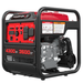 The PowerSmart 3500W portable generator features a red and black design, control panel with power outlets, warning labels, a visible engine, and delivers 4300 surge watts—ideal for reliable and quiet performance.