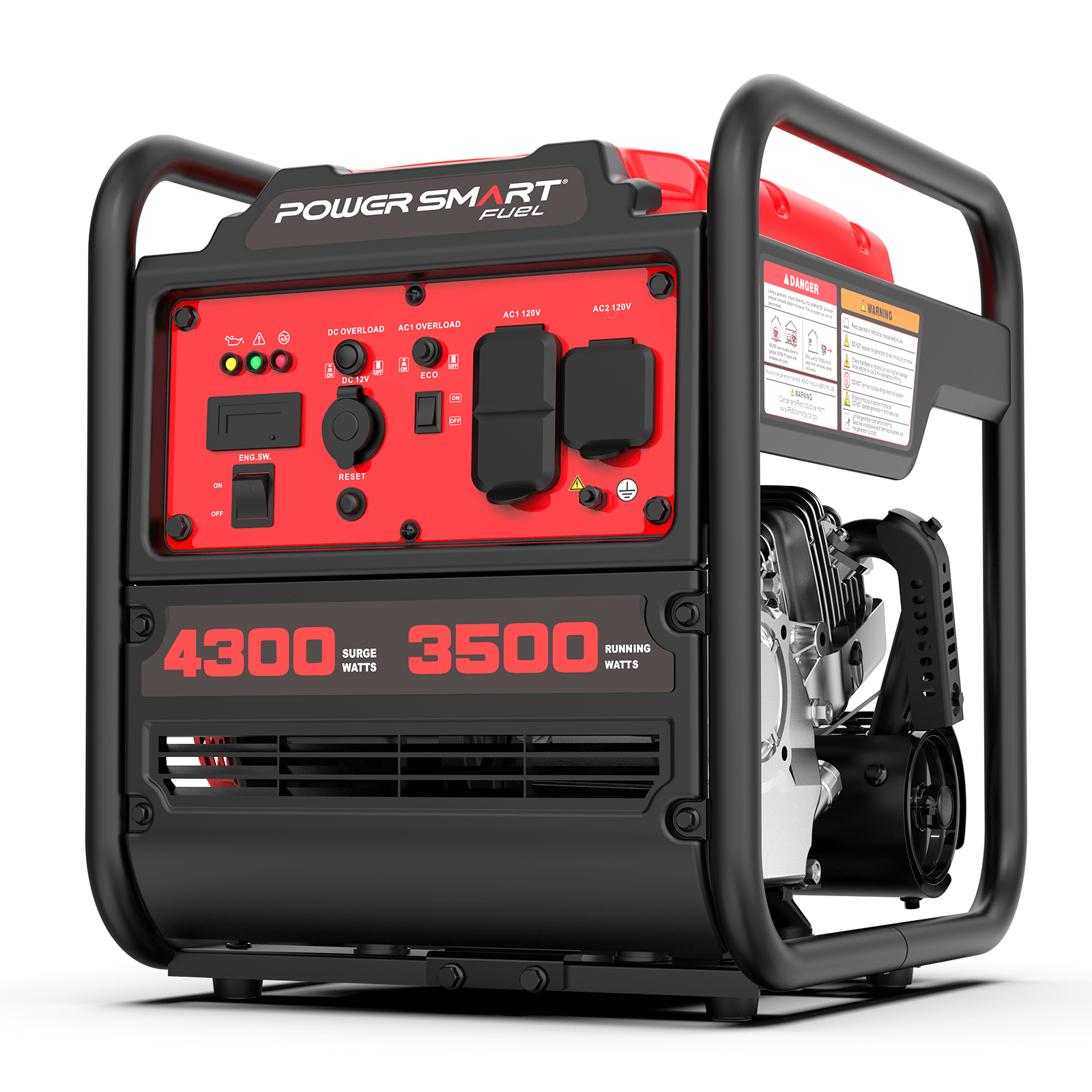 The PowerSmart 3500W portable generator features a black and red design, control panel with switches and outlets, clear labels for 4300 surge watts/3500 running watts, all in a sturdy metal frame.