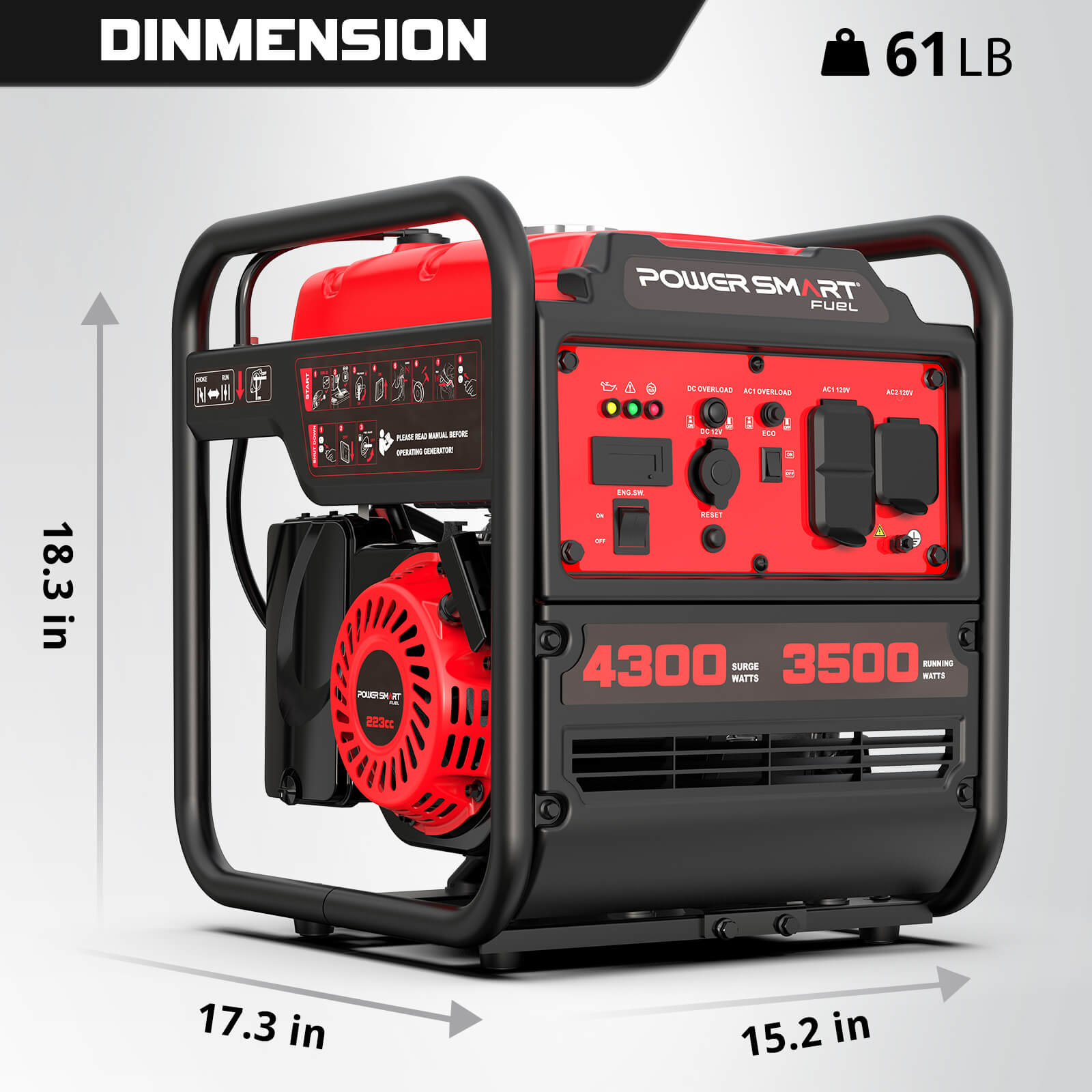 A PowerSmart 3500W portable generator in red and black is shown, featuring control panels and outlets. It measures 18.3" H x 17.3" W x 15.2" D and weighs 61 lbs.