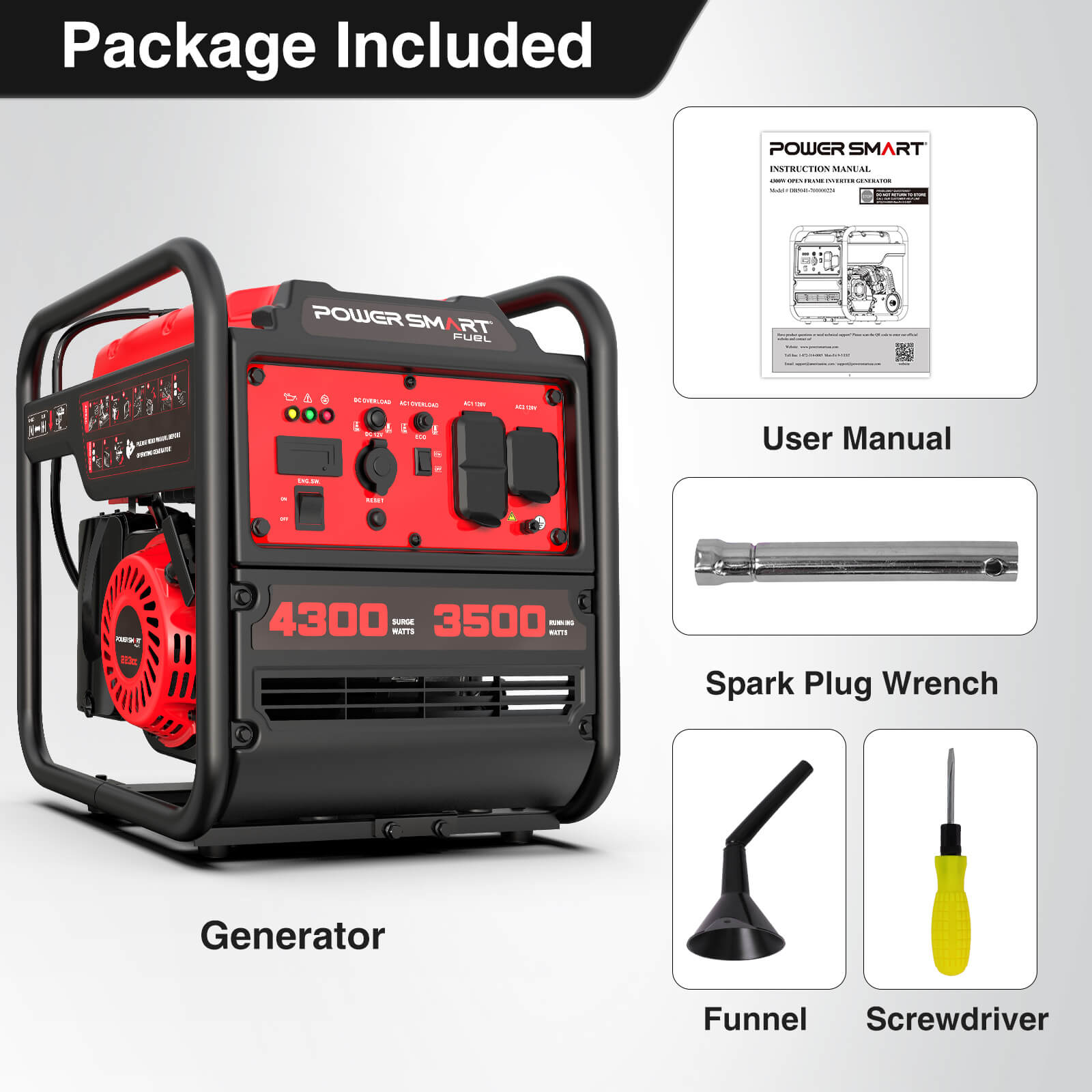 Image showing contents included with a PowerSmart 3500W portable generator: user manual, spark plug wrench, funnel, and screwdriver. The red and black generator has a control panel and visible PowerSmart branding.