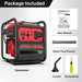 Image showing contents included with a PowerSmart 3500W portable generator: user manual, spark plug wrench, funnel, and screwdriver. The red and black generator has a control panel and visible PowerSmart branding.