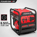 The PowerSmart portable generator in red and black provides 4300 starting watts and 3500 running watts, offers a 6.5-hour runtime at 50% load, and features multiple outlets and controls clearly shown on its front panel.