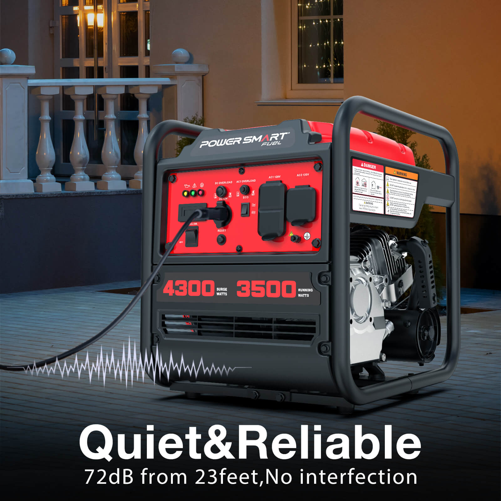 A red and black PowerSmart portable generator (4300/3500 watts) is running quietly outside a house at night. Text reads, "Quiet & Reliable, 72dB from 23 feet, No interruption.