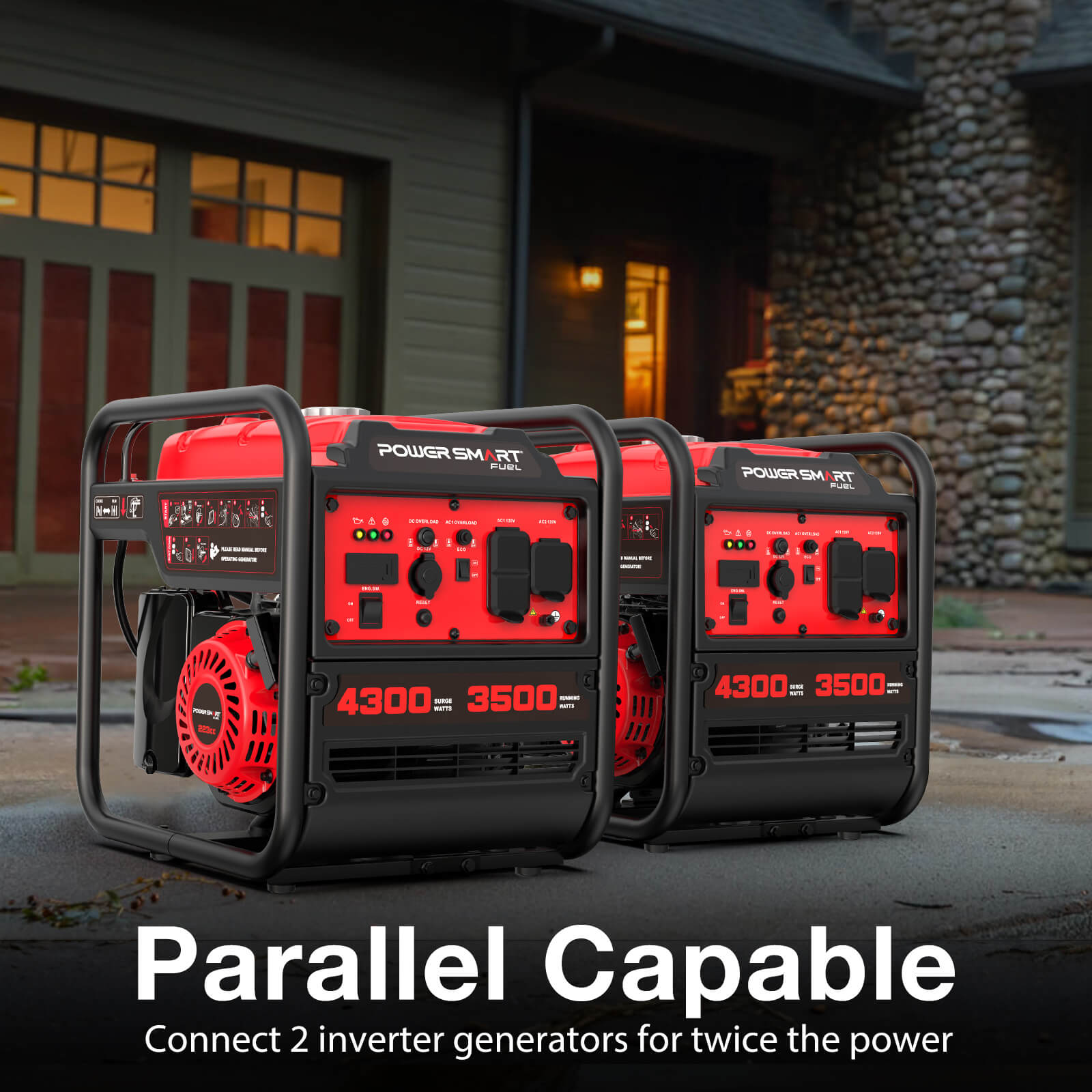 Two PowerSmart red and black portable generators are side by side on a driveway. Text reads: "Parallel Capable—connect two quiet PowerSmart generators for double the power.