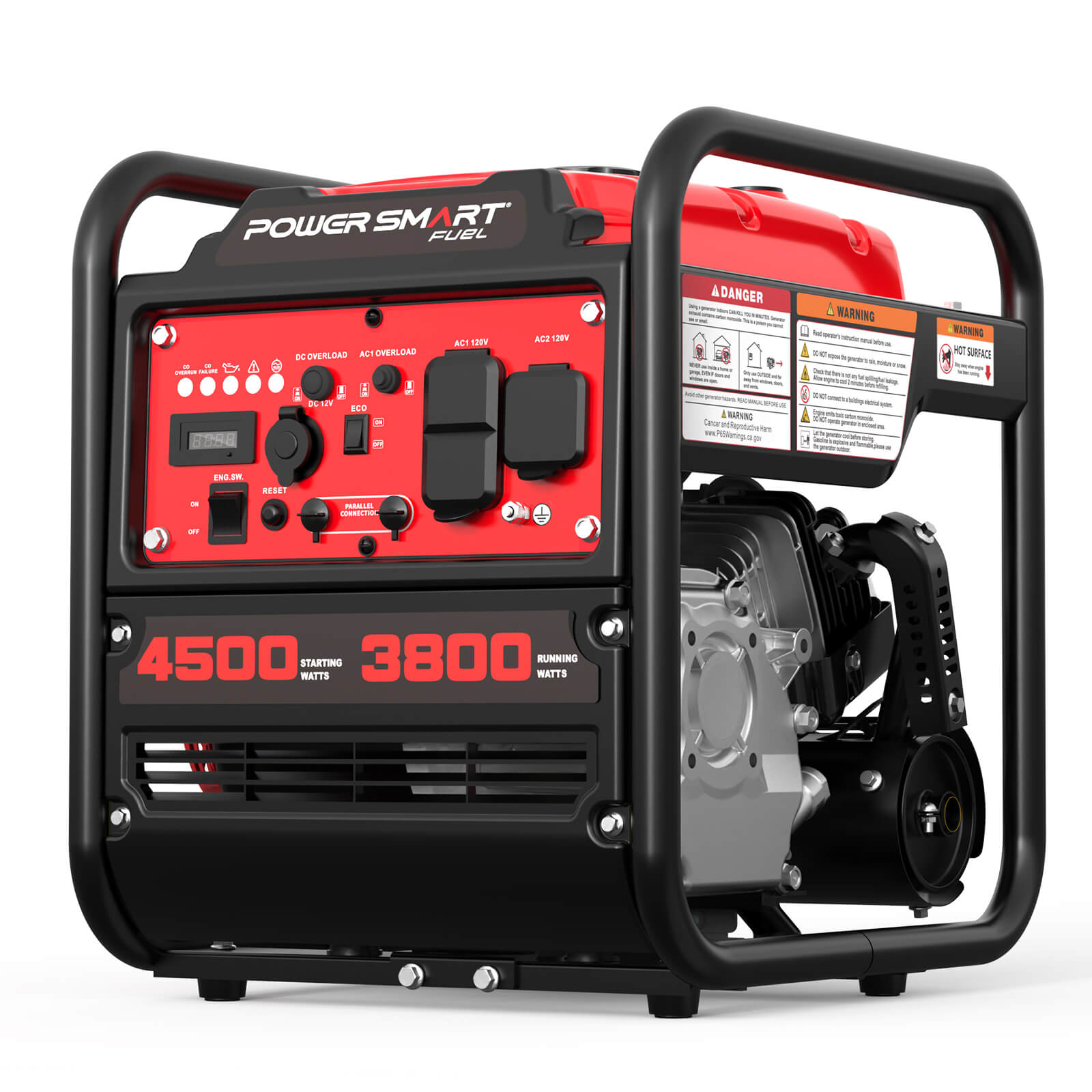 The PowerSmart portable generator features a black frame, red control panel, and silver engine. With 4500 starting watts, 3800 running watts, switches, outlets, and clear labels, it delivers reliable and quiet performance.